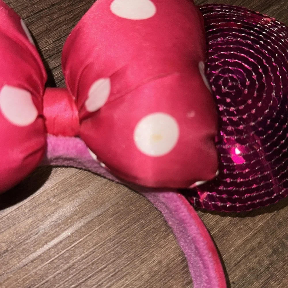 Disney Parks Minnie‎ Mouse Ears Mickey Pink Sequin Polka Dot Bow One Size - Picture 2 of 4